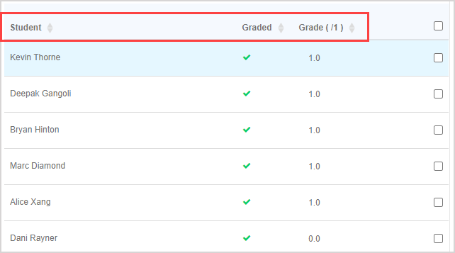 The column headers at the top of the Selection pane are Student, Graded, and Grade.